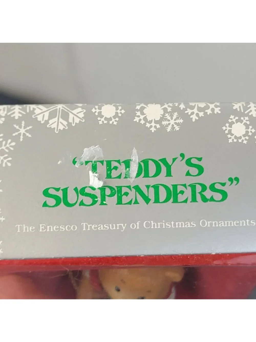 Enesco Vintage 1987 Christmas Tree Ornament Hanging Teddy Suspenders Box 80s Dec